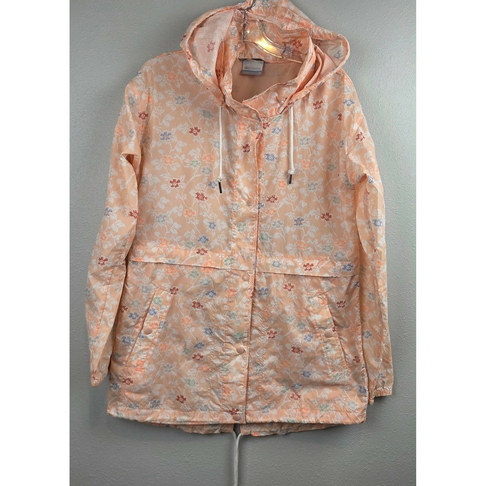 Columbia Womens Peach Floral Hooded Windbreaker Jacket Size Small Light‎ Orange